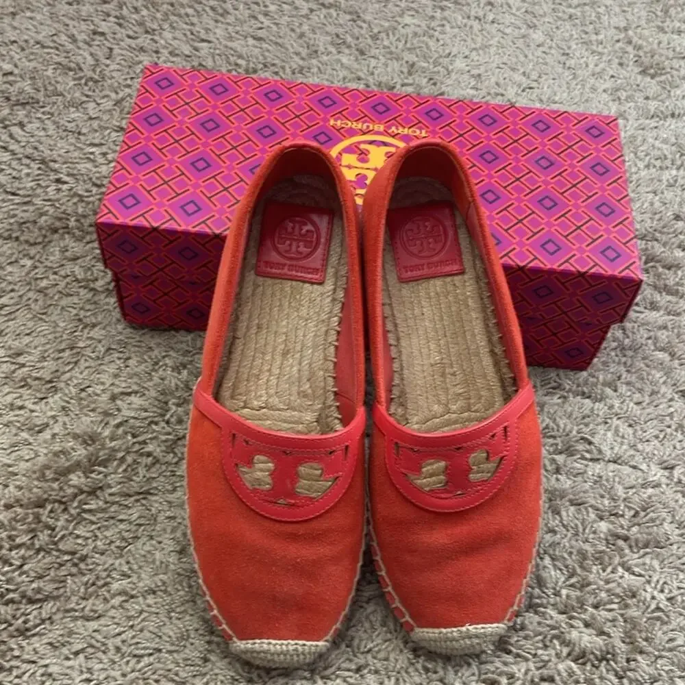 Tory Burch Women Red Canyon Suede Calf Leather Logo Espadrille Flats Size 7.5